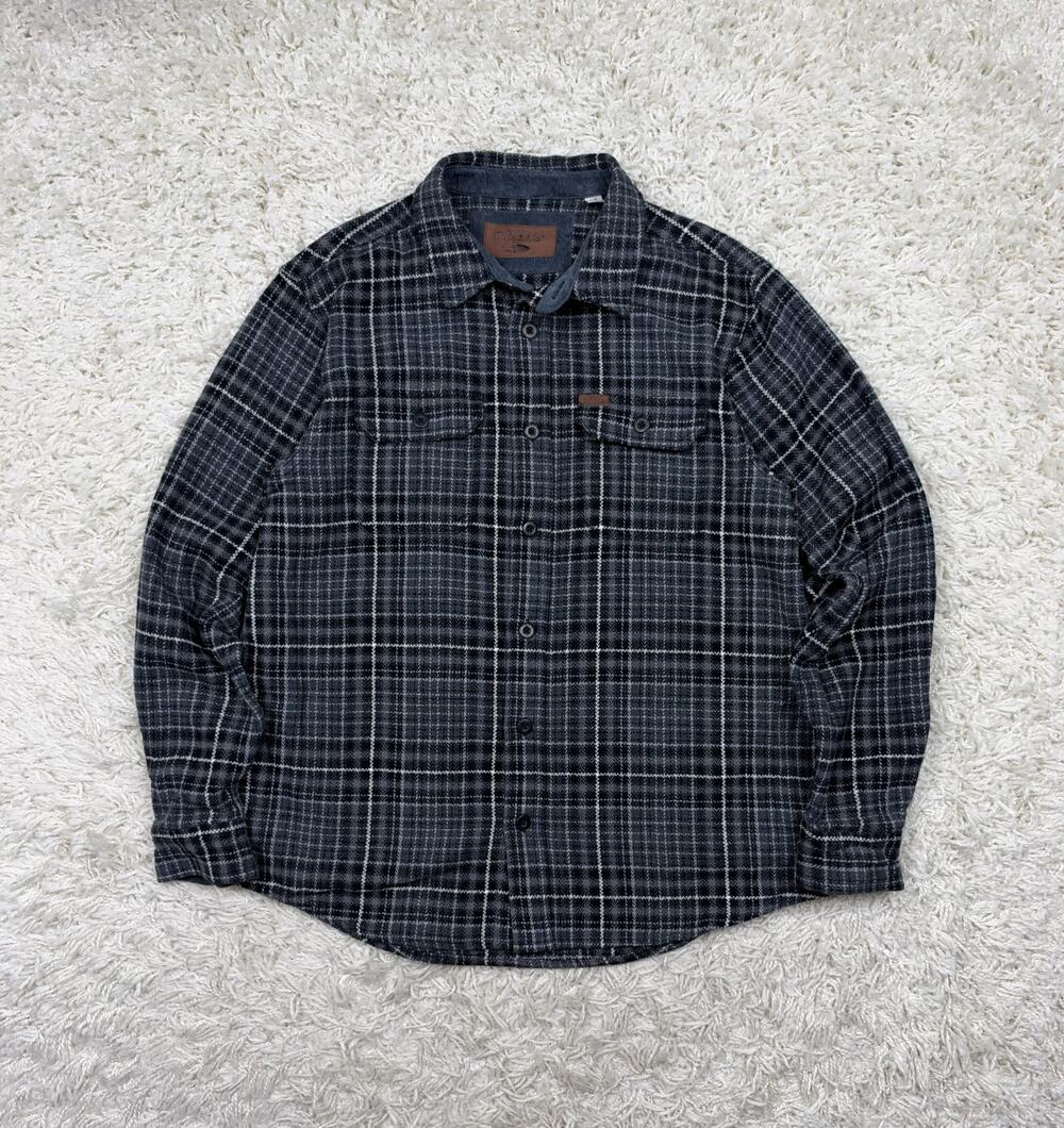 Orvis Mens Large Lined Heavyweight Flannel Shirt Jacket Shacket Gray Black Plaid